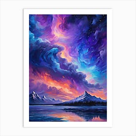 Abstract Colorful Aurora Sky over Mountains and Water Art Print