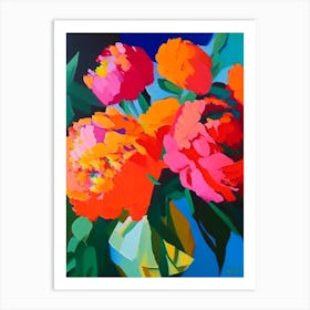 Cut Flowers Of  Peonies Orange Colourful Painting Art Print