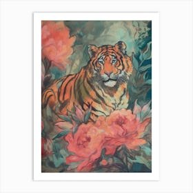 Tiger In Pink Peonies Art Print