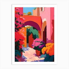 Courtyard With Peonies Orange And Pink 1 Colourful Painting Art Print