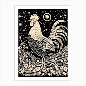 B&W Bird Linocut Chicken 5 Art Print