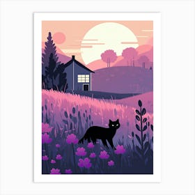A Black Cat In A Lavender Field 2 Art Print