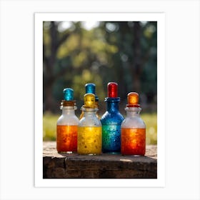 Colorful Bottles On A Wooden Table Art Print