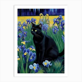 Black Cat In Irises Art Print