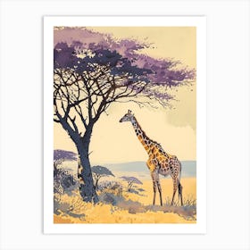 Lilac Giraffe Watercolour Inspired Illustration Under The Acacia Tree 2 Art Print