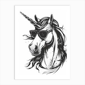 Unicorn In Sunglasses Black & White Illustration 3 Art Print