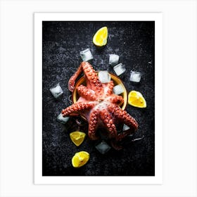 Octopus and lemon — Food kitchen poster/blackboard, photo art Art Print