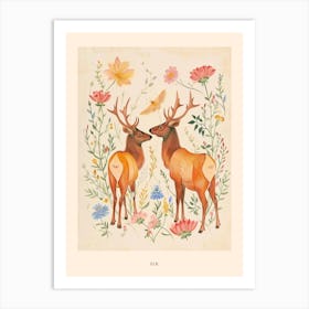 Folksy Floral Animal Drawing Elk Poster Art Print