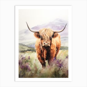 Watercolour Highland Cow With Purple Wildflowers Art Print