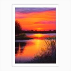 Sunset Over Pond Waterscape Crayon 1 Art Print