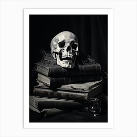 Black And White Photography Of Skull And Books Art Print