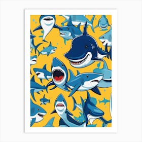 Sharks On Yellow Background Art Print