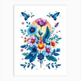 Blue Flowers With Butterflies Art Print