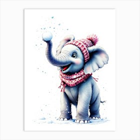 Elephant Throwing Snowballs With A Knitted Beanie Art Print