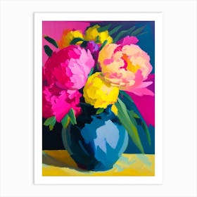 Vase Of Colourful Peonies Pink And Yellow 1 Colourful Painting Art Print