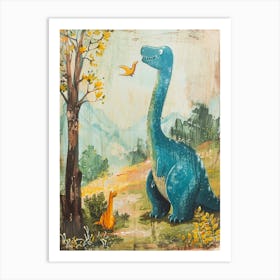 Dinosaur In The Woodland Meadow Storybook Style Painting 3 Art Print