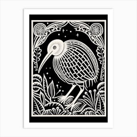 B&W Bird Linocut Kiwi 1 Art Print