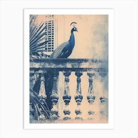 Cyanotype Inspired Peacock Resting On A Handrail 2 Art Print