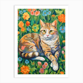 Orange Cat Chilling With Flowers Oil Painting Art Print