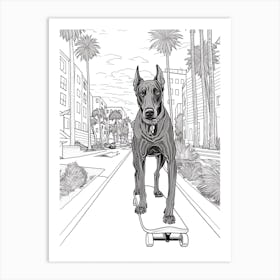 Doberman Pinscher Dog Skateboarding Line Art 2 Art Print