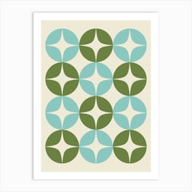 Mid Century Modern Vintage Petal Shapes in Aqua Blue and Forest Green Art Print