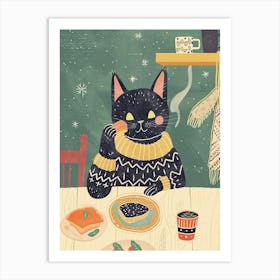 Black Cat Having Breakfast Folk Illustration 4 Art Print