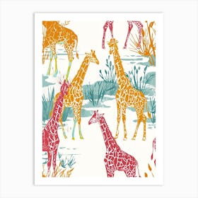 Giraffe Blue Mustard Red Watercolour Pattern 2 Art Print