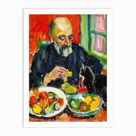 Portrait Of A Man With Cats Eating A Salad  2 Art Print