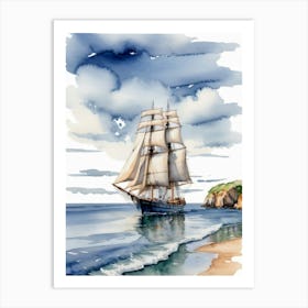 Sailing ship on the sea, watercolor painting 8 Art Print