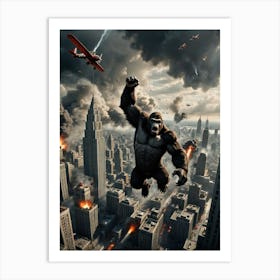 Skyscraper Siege: The Giant Gorilla and the Doppeldecker Assault Art Print