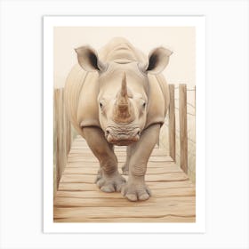 Rhino Walking Across A Wooden Bridge Illustration 4 Art Print