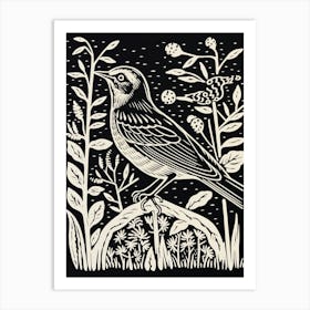 B&W Bird Linocut Lark 2 Art Print