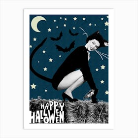 Beautiful Cat Woman Posing On A Fence Under The Moon Art Print