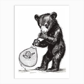 Malayan Sun Bear Cub Playing With A Butterfly Net Ink Illustration 3 Art Print