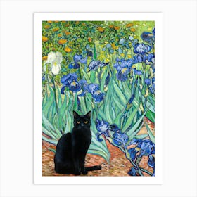 Black Cat Amongst Van Gogh Irises Art Print - Iris Flowers Funny Cat Like Monet in HD Art Print