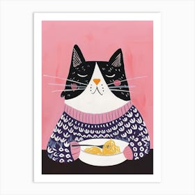 Black And White Cat Eating Pizza Folk Illustration 3 Art Print