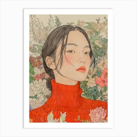 Red Sweater Portrait - Feminine Art with Detailed Florals Art Print