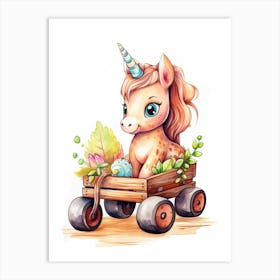 Baby Unicorn On A Toy Car, Watercolour Nursery 1 Art Print