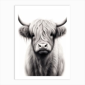 Black & White Illustration Of Young Highland Cow 2 Art Print