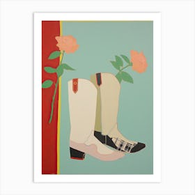 A Painting Of Cowboy Boots With Red Flowers, Pop Art Style 6 Art Print