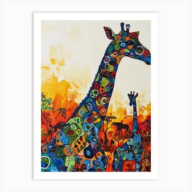 Geometric Colourful Giraffe & Calf 3 Art Print