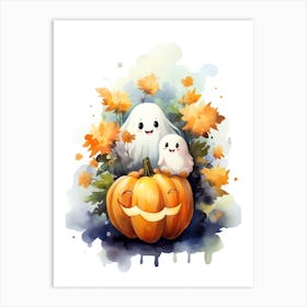 Cute Ghost With Pumpkins Halloween Watercolour 74 Art Print