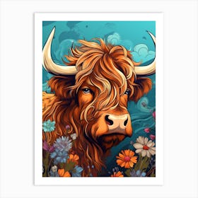 Blue Wavy Line Floral Portrait Of A Highland Cow Art Print