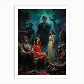 Showcasing A Startling Array Of Vintage Horror Art The Scene Unveils A Chaotic Amalgamation Of Thri (1) 2 Art Print