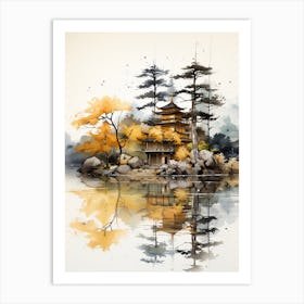 Kinkaku Ji (Golden Pavilion) In Kyoto, Japanese Brush Painting, Ukiyo E, Minimal 4 Art Print