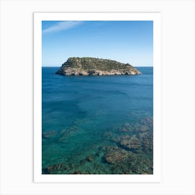 Island and clear sea water in a rocky bay Art Print