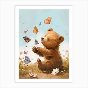 Brown Bear Cub Playing With Butterflies Storybook Illustration 4 Art Print