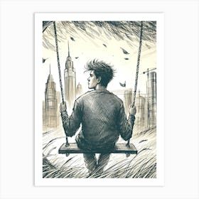 Moody Man on Swing Sketch 3 Art Print