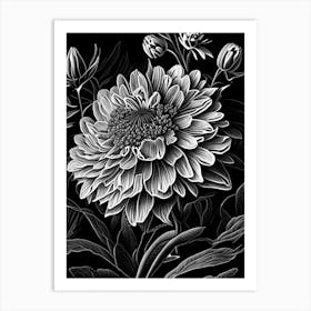 Zinnia Wildflower Linocut Art Print