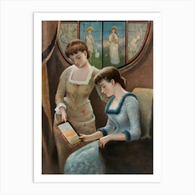 Two women looking at fringed card Art Print